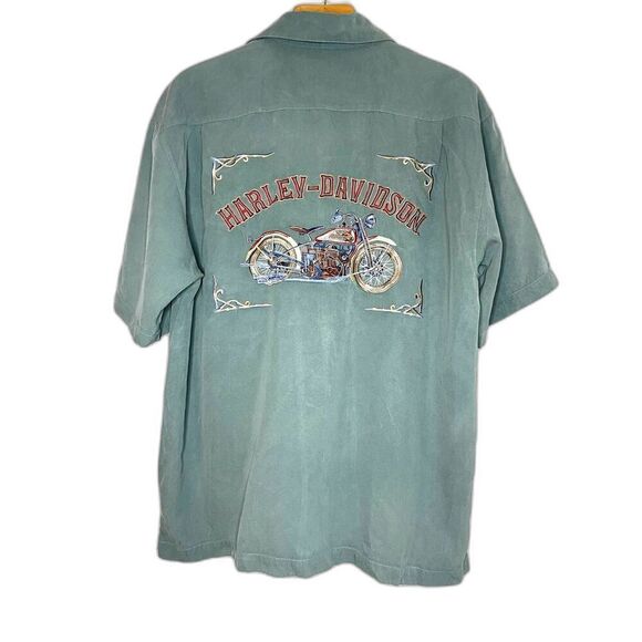 TOMMY BAHAMA Mens Embroidered 100% Silk Hawaiian HARLEY DAVIDSON Shirt Size: L - Picture 2 of 8